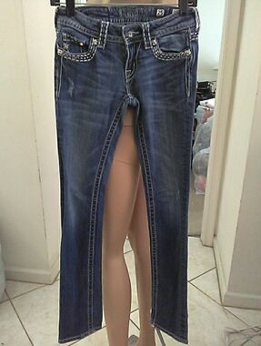 FAB MISS ME Dark Blue Jeans STRAIGHT LEG EMBELLISHED PKTS DISTRESS SZ.25 🔥🔥